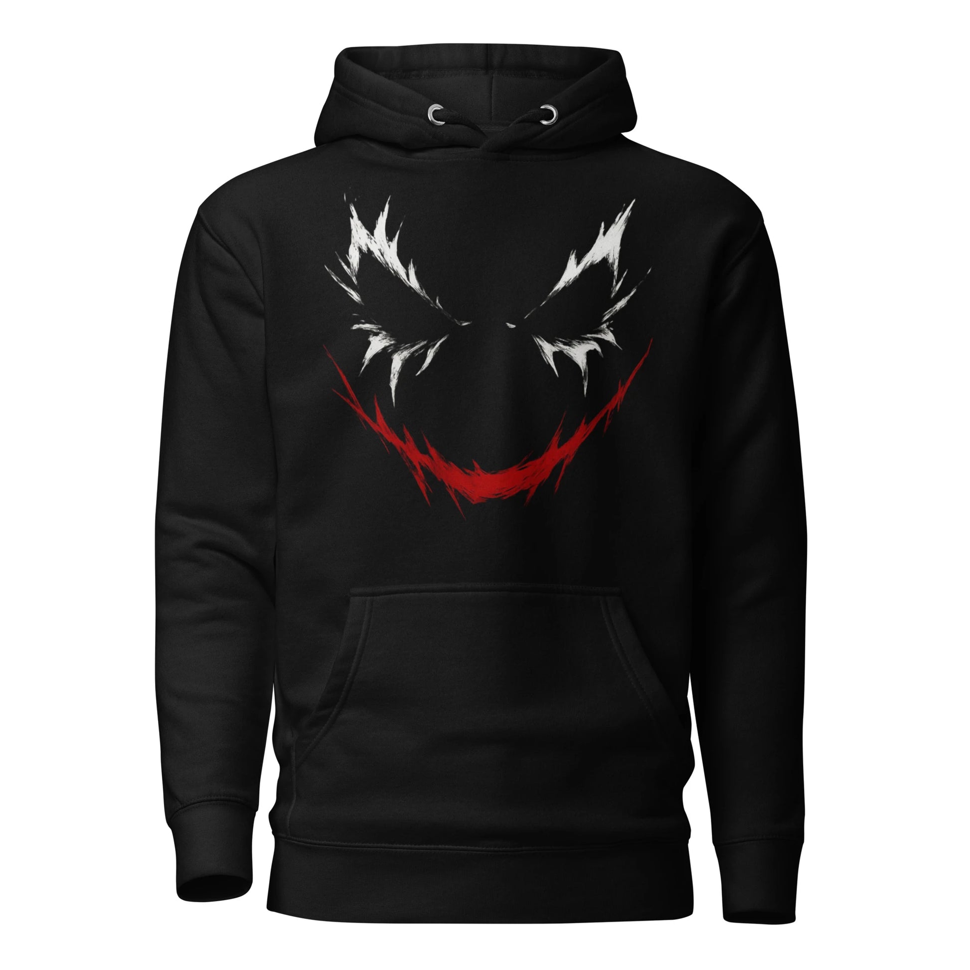 Black hoodie with aggressive white and red Joker grin graphic on the front, shown on white background.