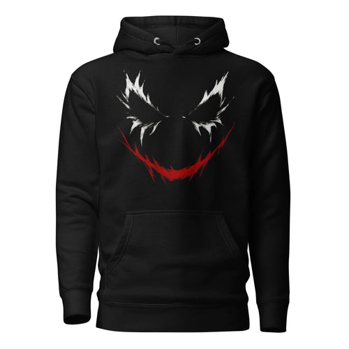 Black hoodie with aggressive white and red Joker grin graphic on the front, shown on white background.