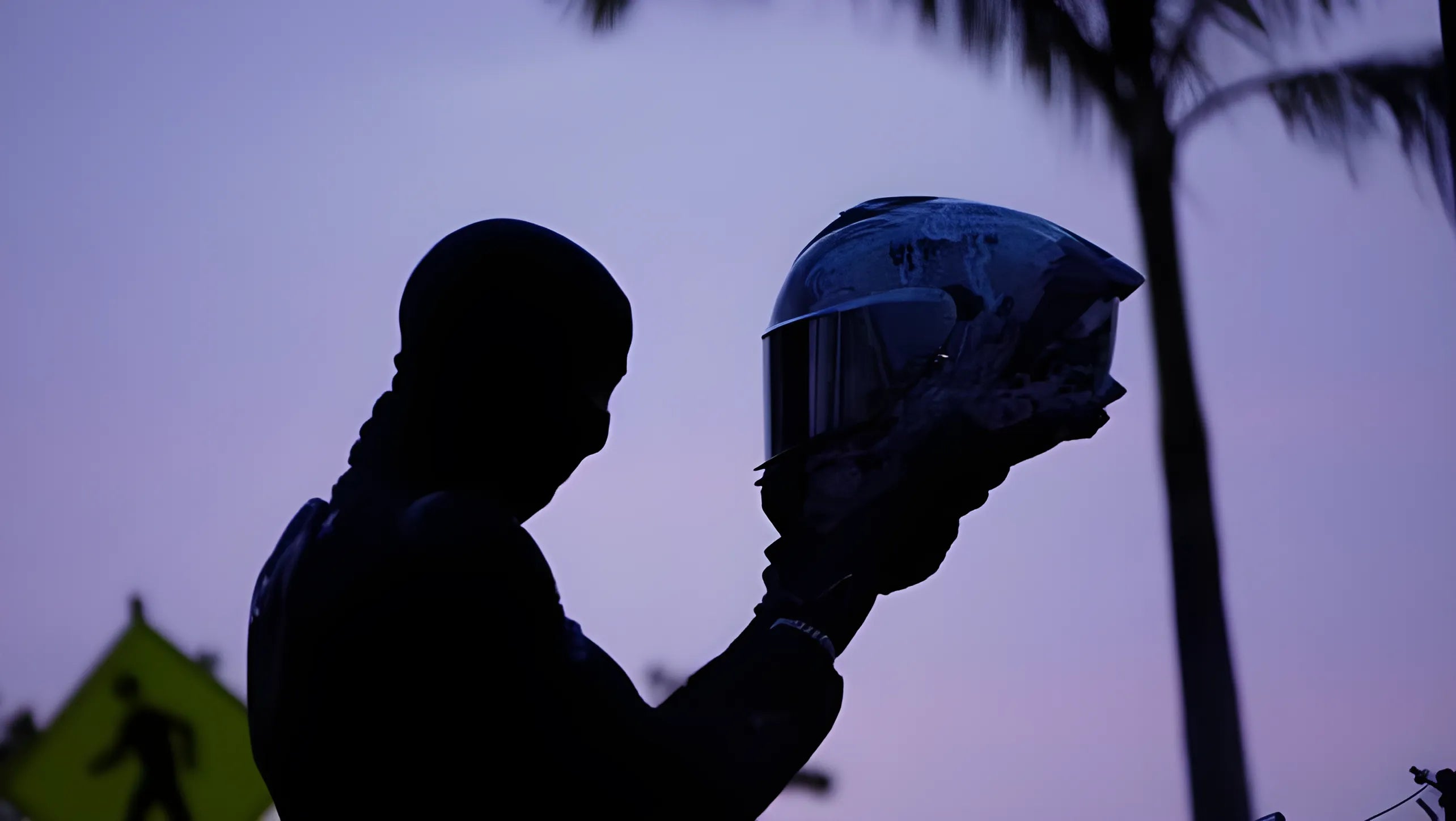 Motorcyclist silhouette holding helmet at dusk with palm trees in the background