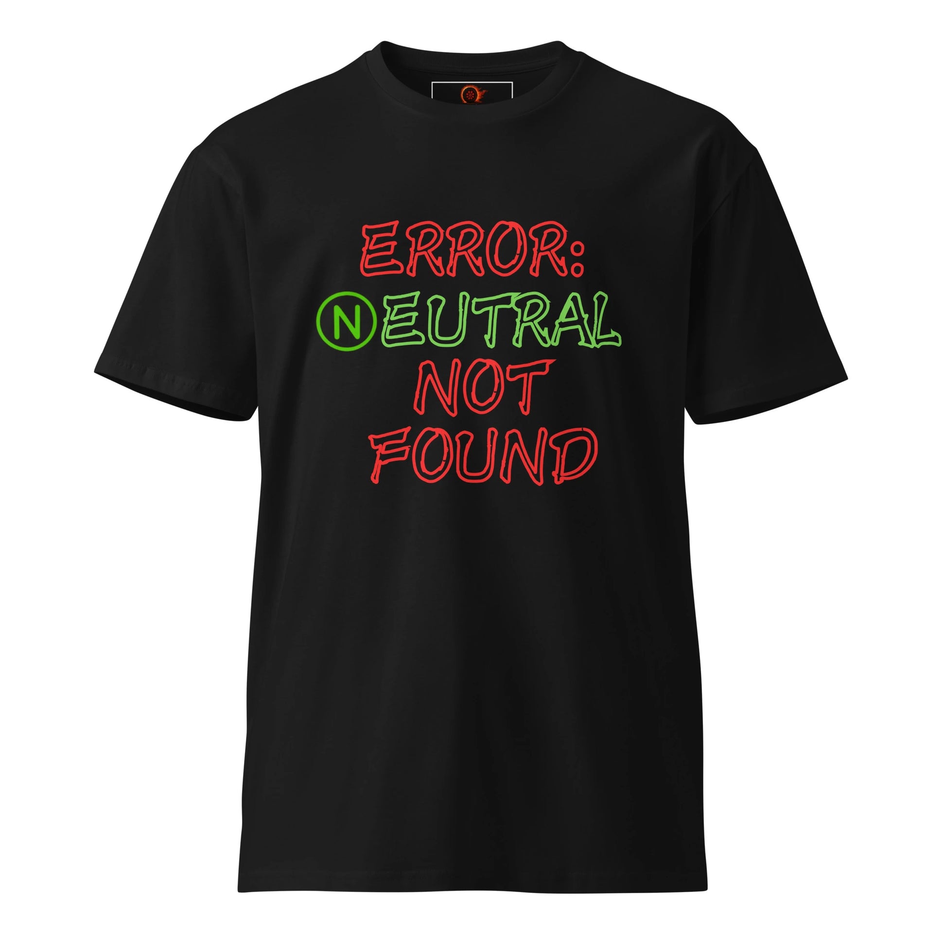 Flat-lay of black t-shirt displaying 'Error: Neutral Not Found' text in neon red and green.