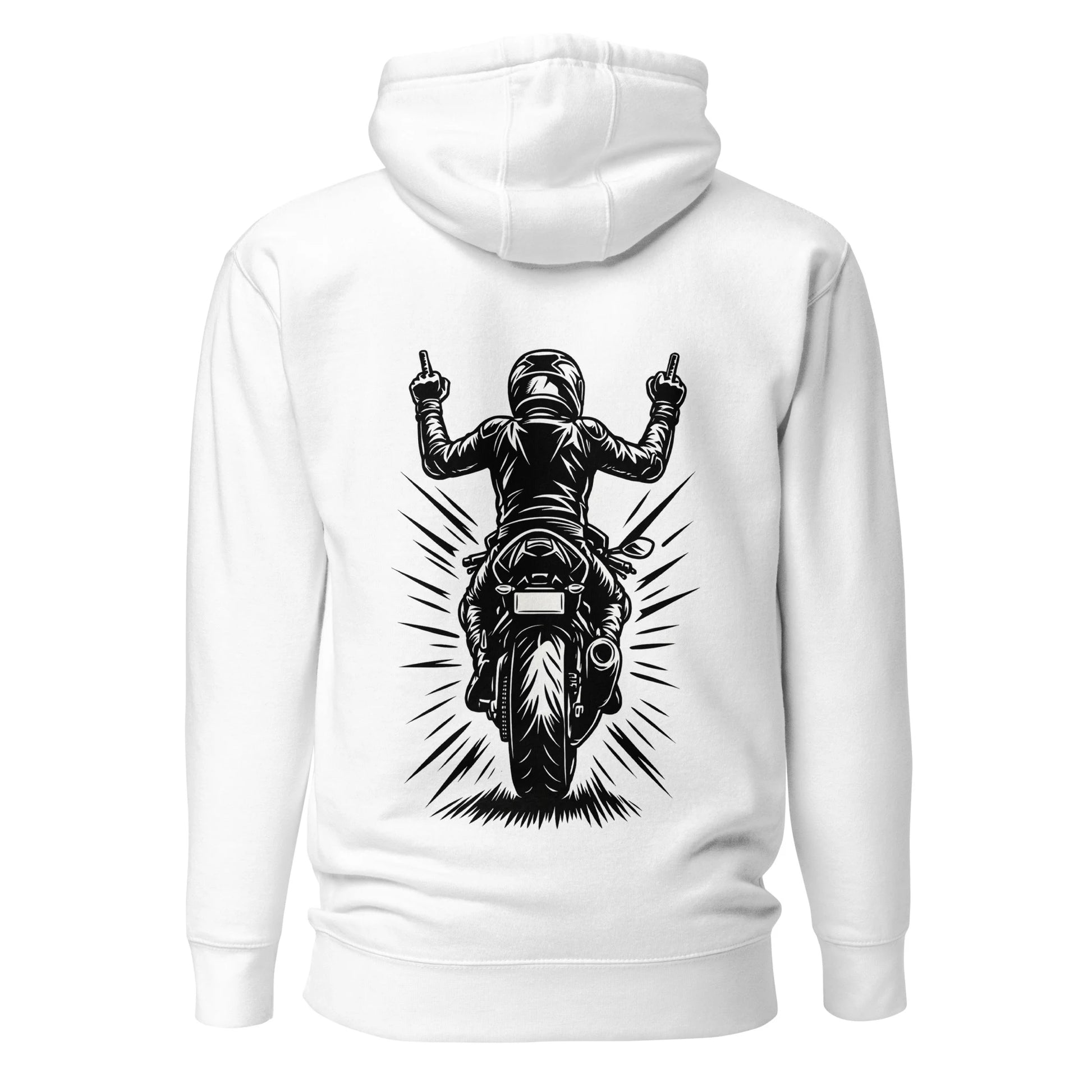Rebel Rider Hoodie in white, featuring a bold black graphic of a biker riding away with both middle fingers raised on the back.