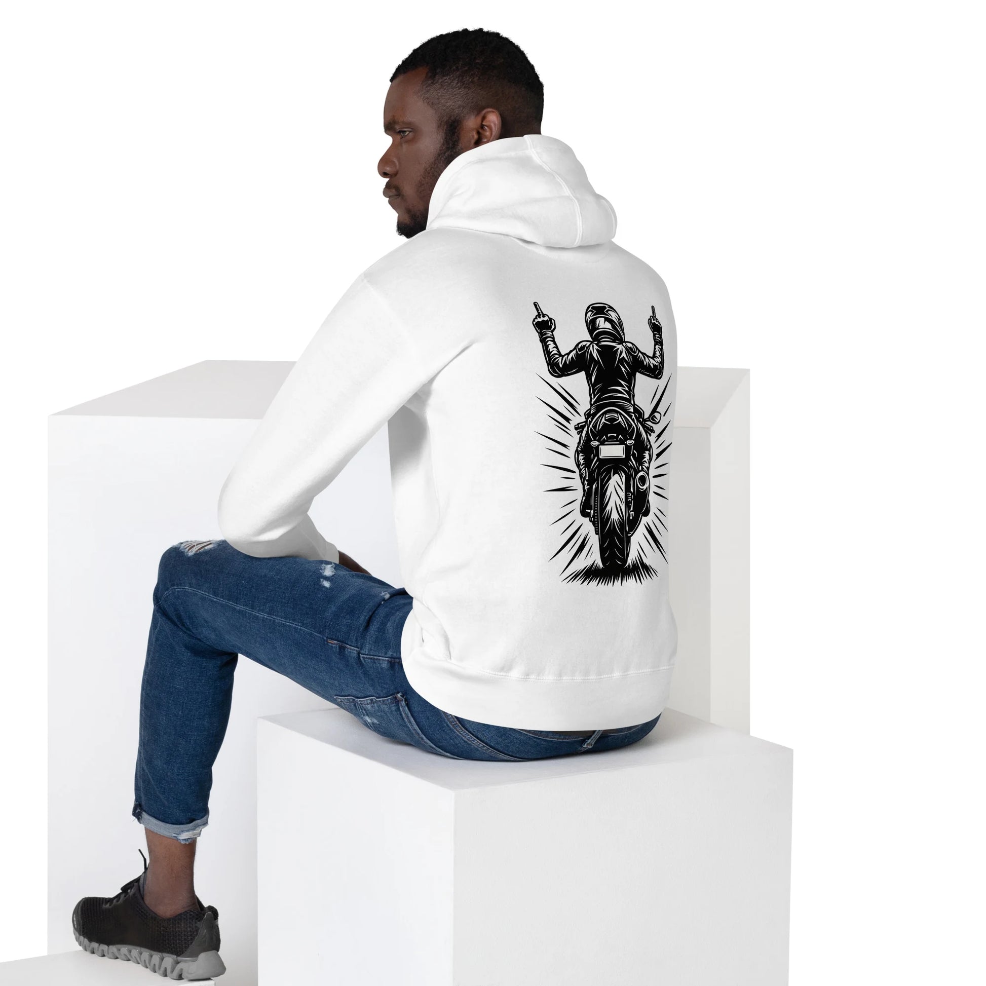 White Rebel Rider Hoodie on men, showing the black biker graphic with both middle fingers raised on the back.